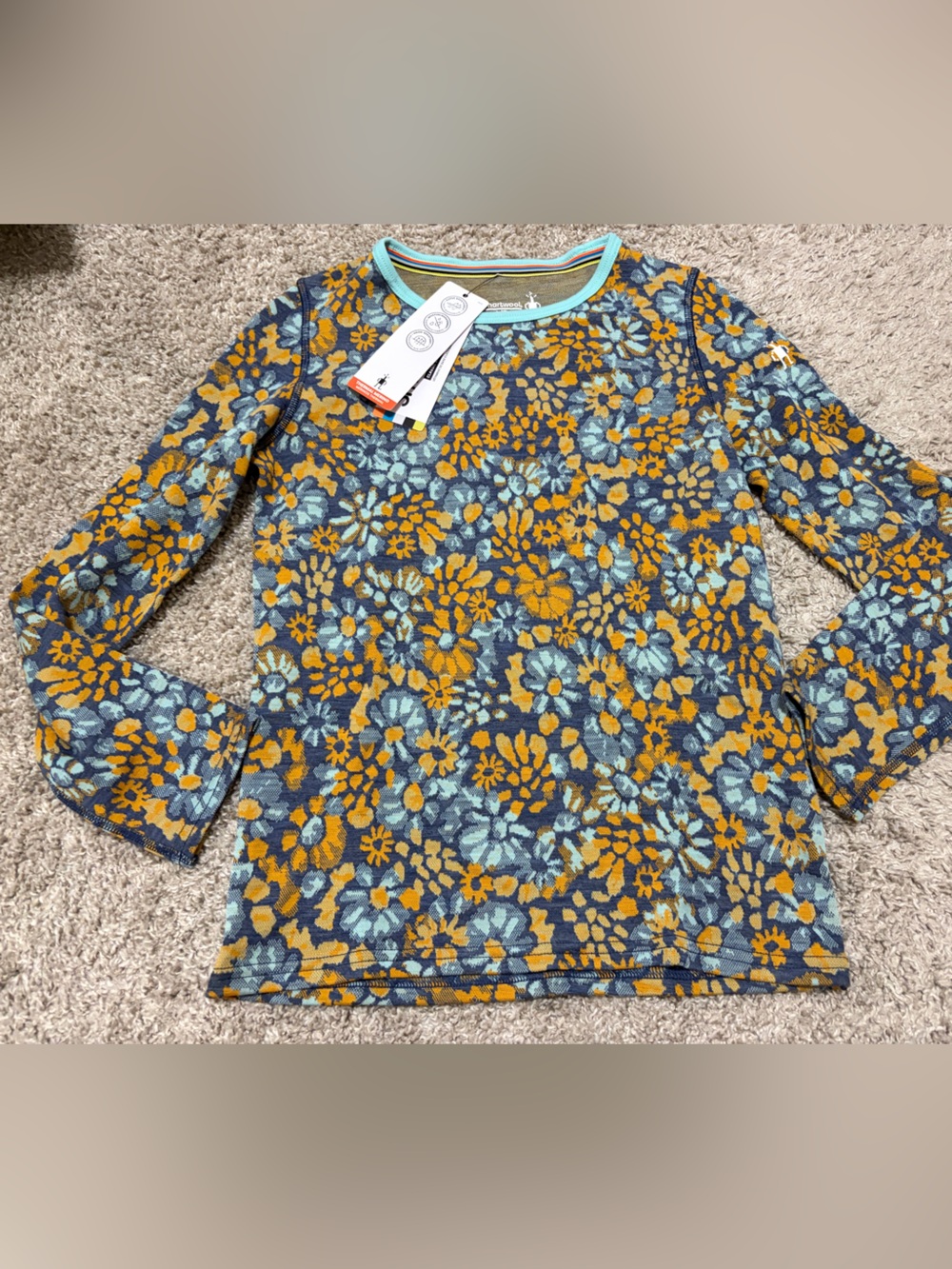 Smartwool Pacific Blue Floral Long Sleeve Knit Top NWT